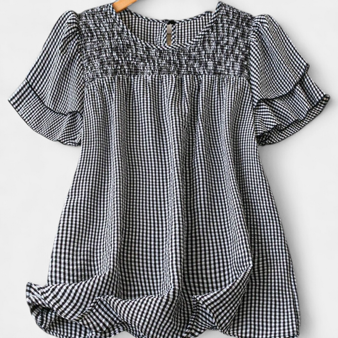 KRISTEL | Vintage Flowy Checkered Puff Sleeve Blouse