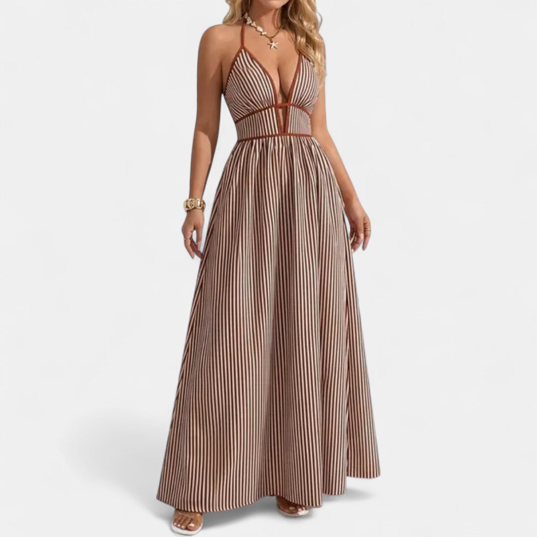 CASPIENNE | Striped V-Neck Halter Maxi Dress