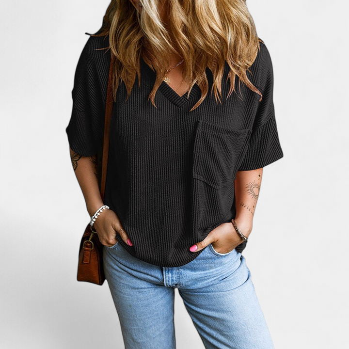 JANELLE | Casual Textured Pocket V-Neck Tee